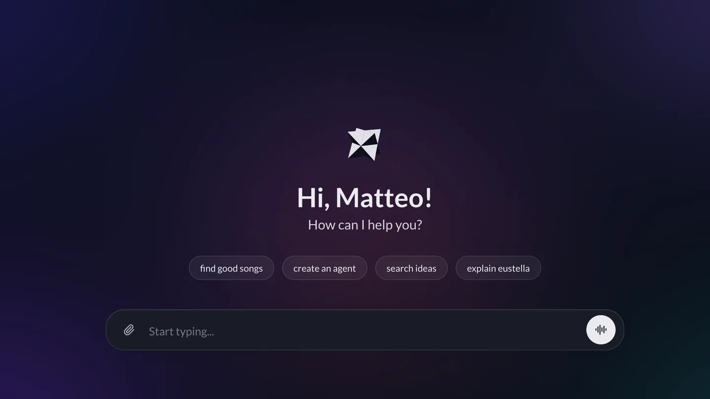 eustella web app — personalised greeting, suggested prompts, and chat input running in the browser on European infrastructure