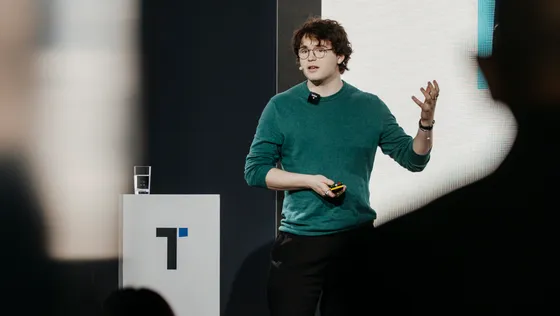 eustella CEO Matteo Rosoli pitching eustella at TRANSFORM 2026 in Berlin — Europe's leading media and digital innovation event