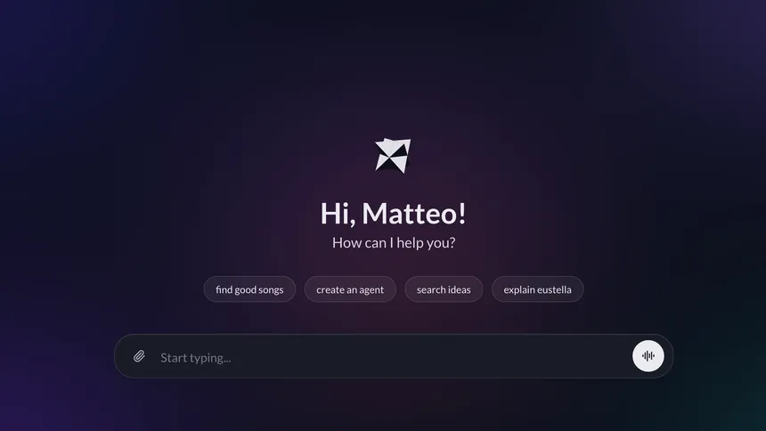 eustella web app — personalised greeting, suggested prompts, and chat input running in the browser on European infrastructure